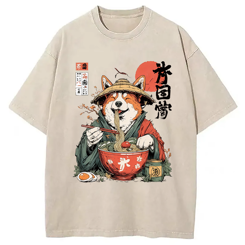 Modecanvas Corgi Eating Ramen DTG Printing Washed T-Shirt-modecanvas