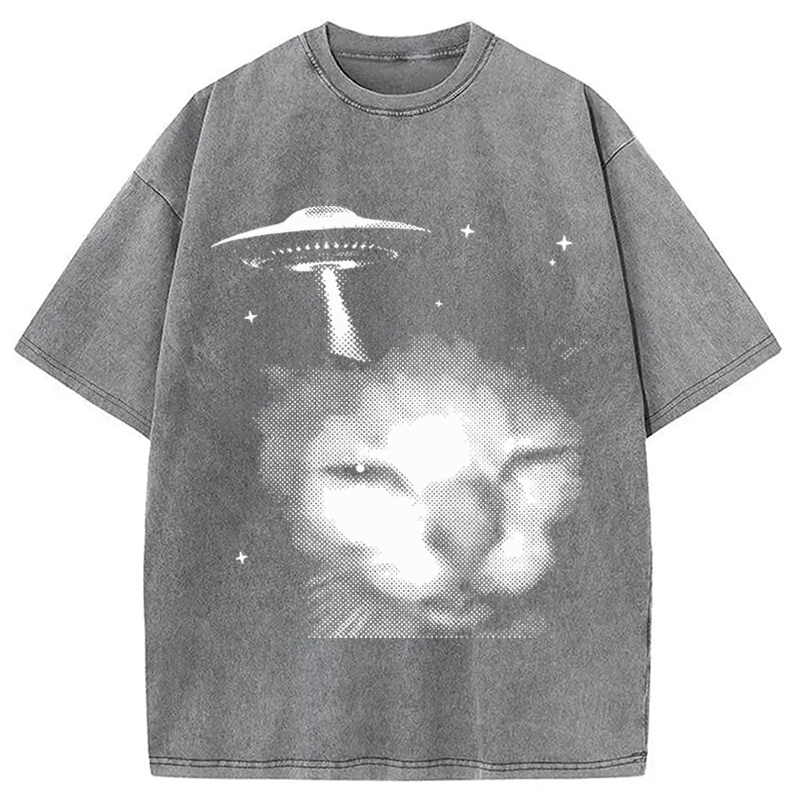 Modecanvas Alien Cat Meme UFO Vintage DTG Printing Washed T-Shirt