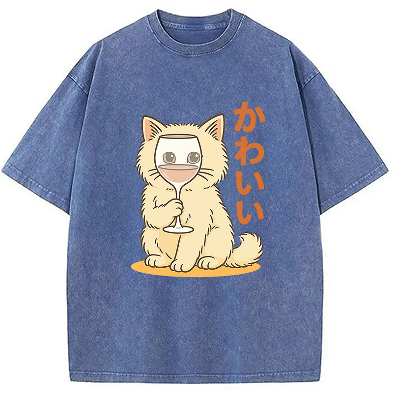 Modecanvas Kawaii Cat with Wine Glass Face Washed T-Shirt