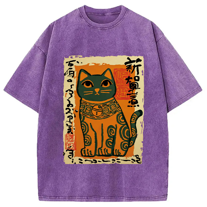 Modecanvas Lucky Cat DTG Printing Washed T-Shirt