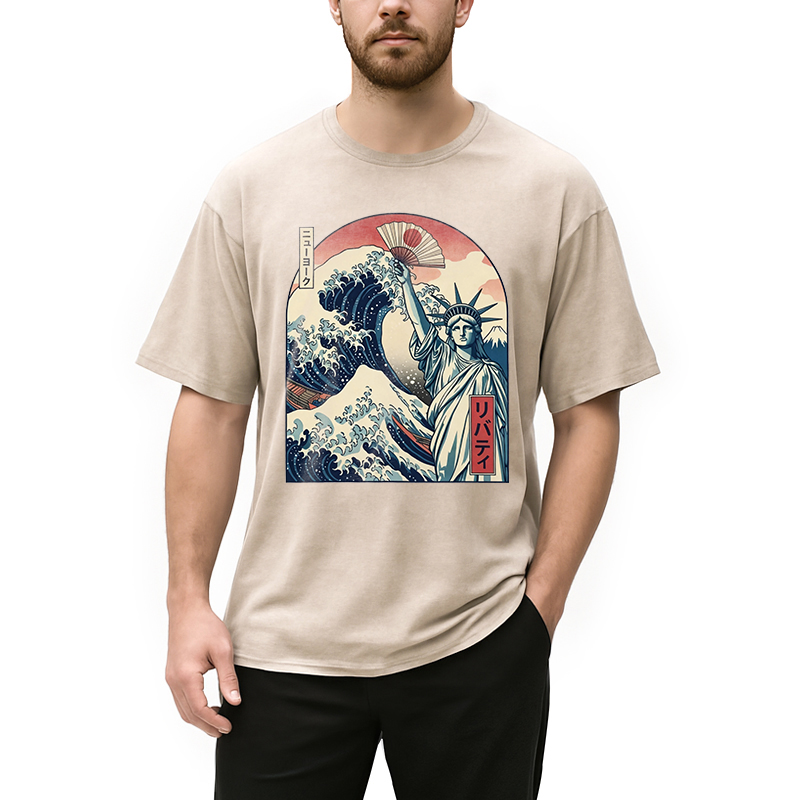 Modecanvas Ukiyo-e Statue Of Liberty DTG Printing Washed T-Shirt