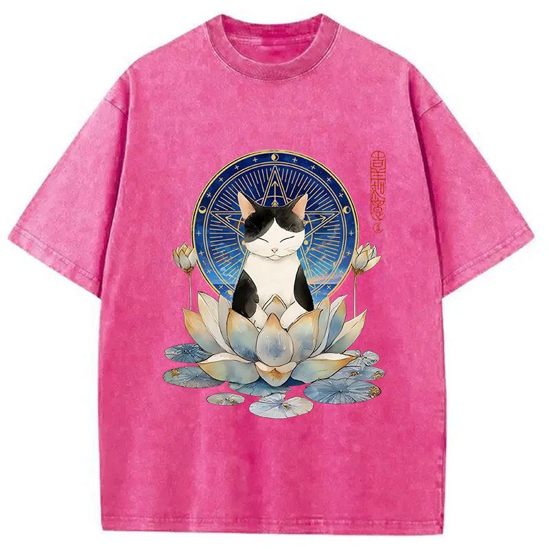Modecanvas Funny Cat Lotus Zen Auspiciousness Washed T-Shirt