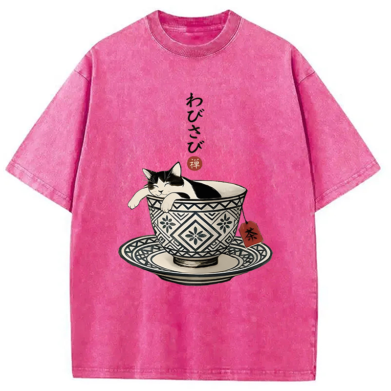 Modecanvas A Cozy Cat In A Teacup Washed T-Shirt-modecanvas
