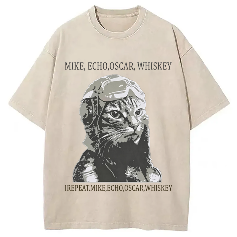 Modecanvas Funny Pilot Cat Meme DTG Printing Washed T-Shirt