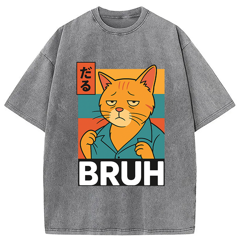 Modecanvas Funny Cat Bruh Meme Washed T-Shirt