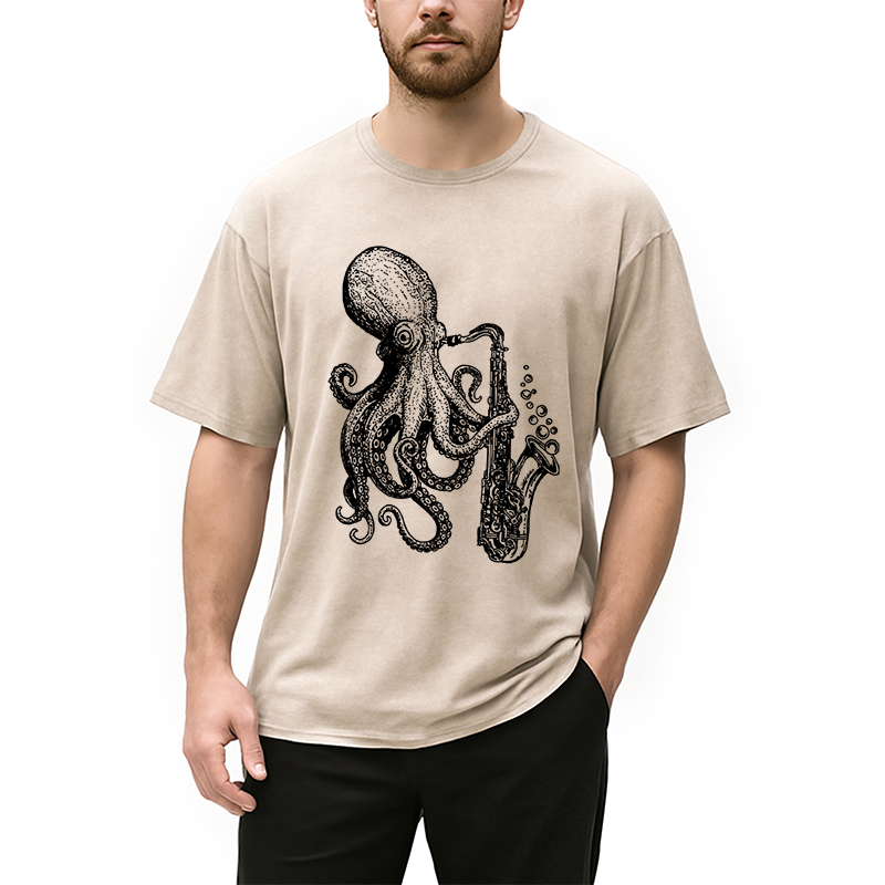 Modecanvas Octopus Playing Saxophone Washed T-Shirt