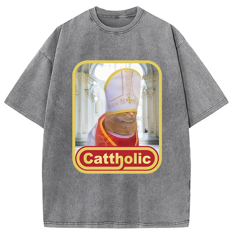 Modecanvas Cattholic Cat Funny Washed T-Shirt
