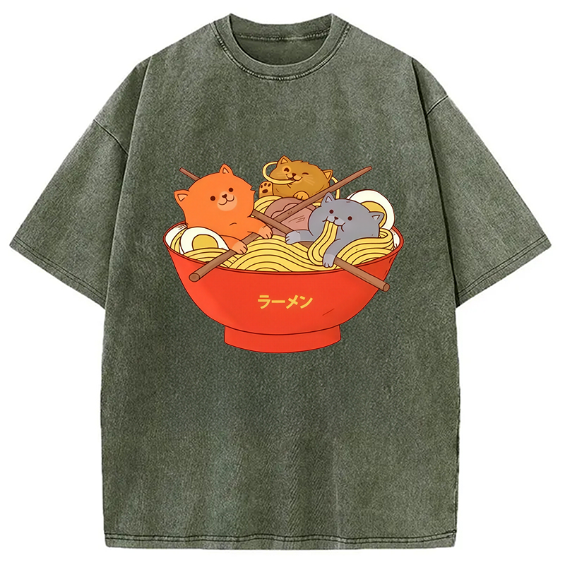 Modecanvas Cute Cat Ramen Washed T-Shirt