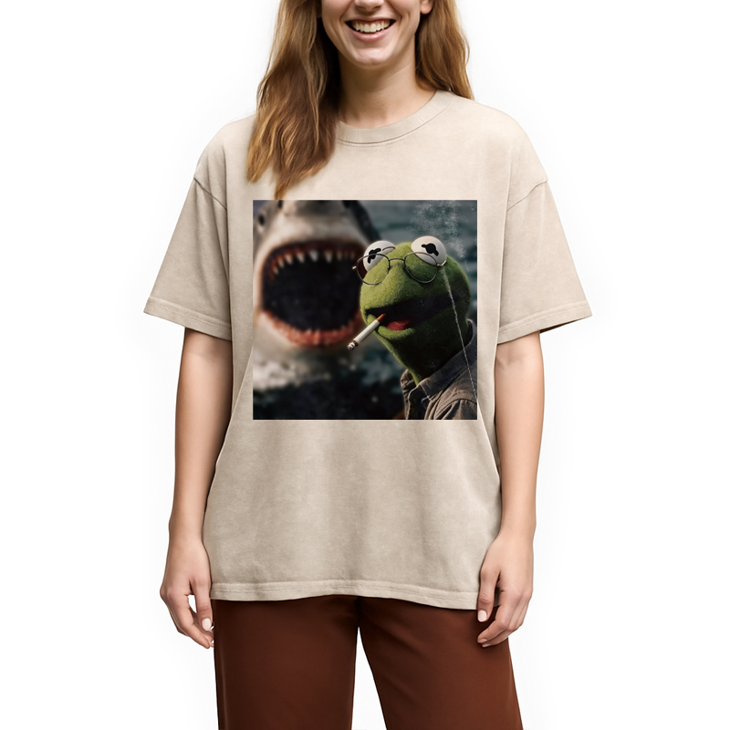Modecanvas Smoking Frog Meme DTG Printing Washed T-Shirt-modecanvas