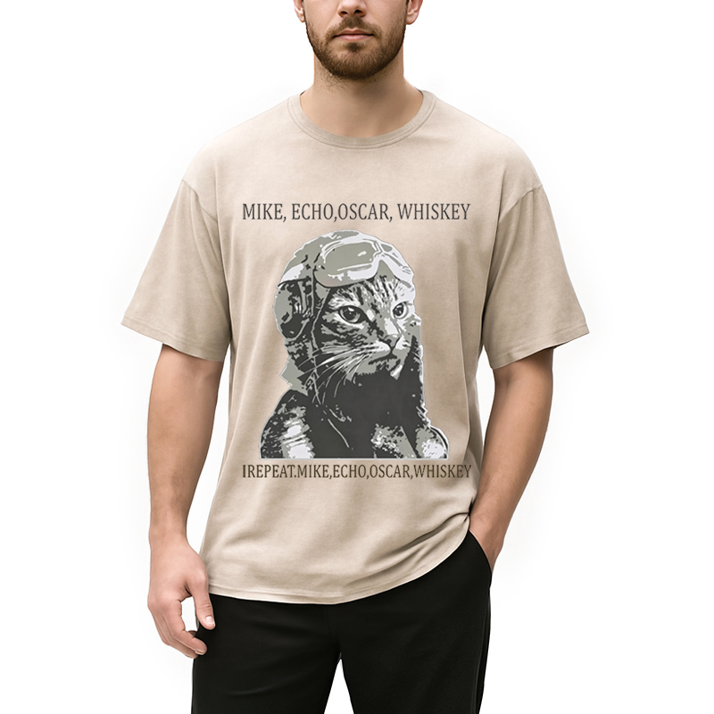 Modecanvas Funny Pilot Cat Meme DTG Printing Washed T-Shirt