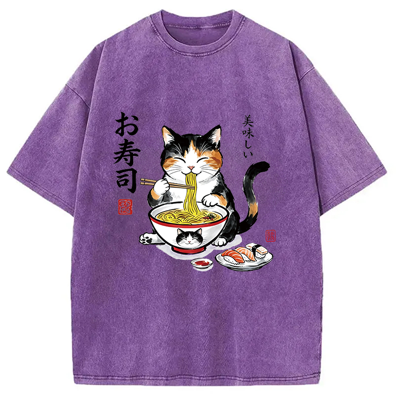 Modecanvas Cats Eat Japanese Food DTG Printing Washed T-Shirt