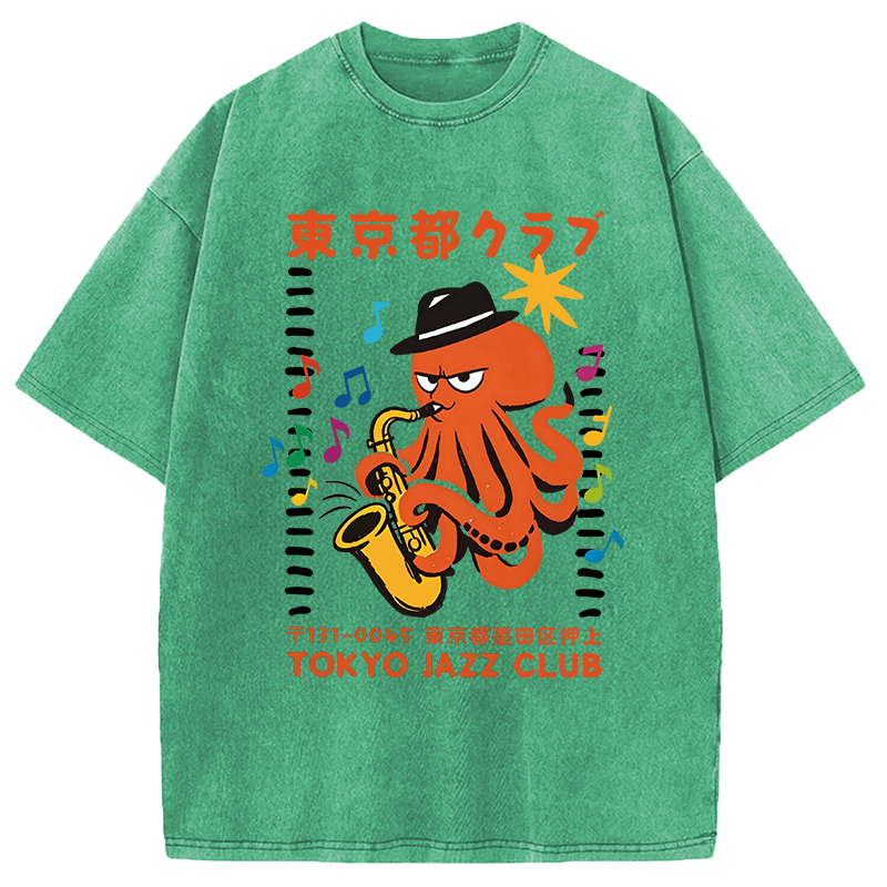 Modecanvas Japanese Octopus In Band DTG Printing Washed T-Shirt