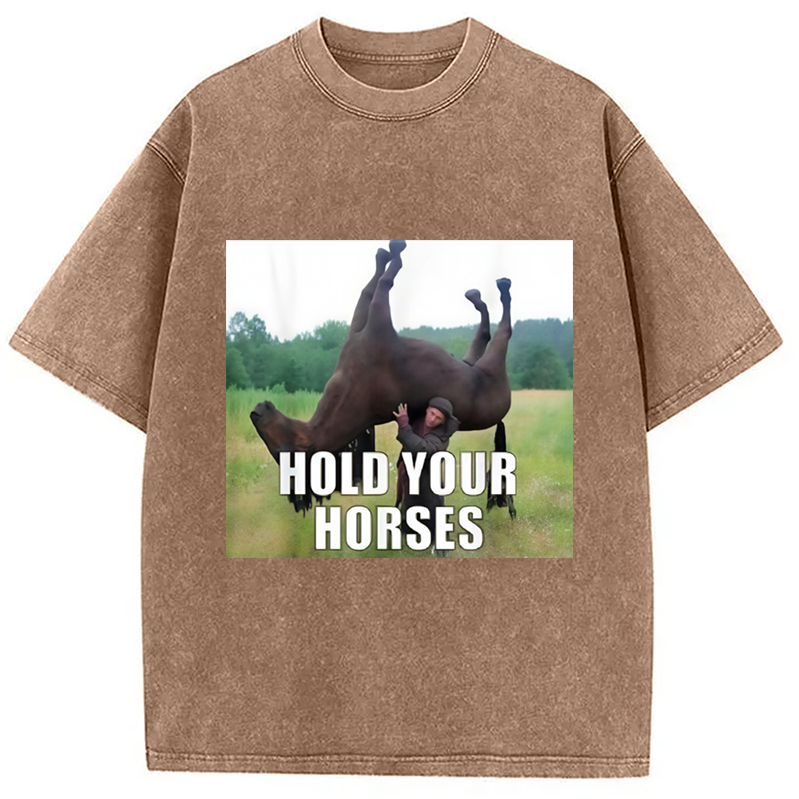 Modecanvas Hold Your Horses Funny Meme Washed T-Shirt