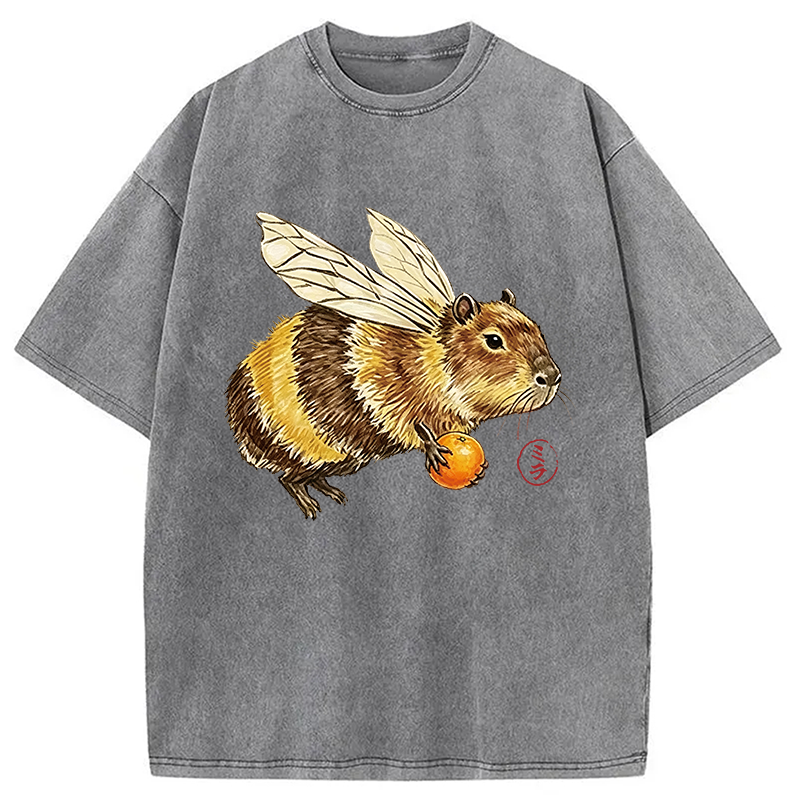 Modecanvas Funny Capybara Bee Meme DTG Printing Washed T-Shirt