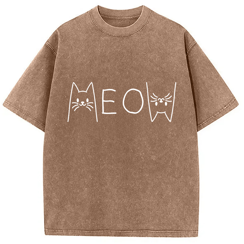 Modecanvas Meow Cat Meme DTG Printing Washed T-Shirt