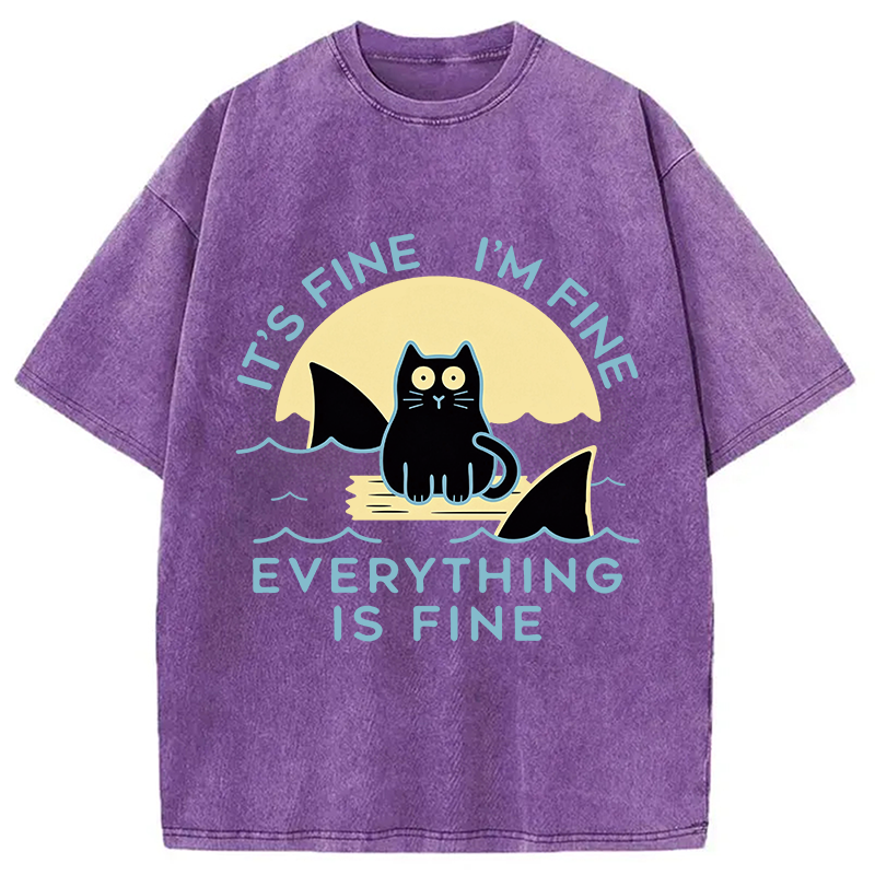 Modecanvas Everything Is Fine Cat Sea DTG Printing Washed T-Shirt