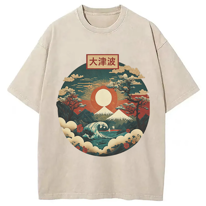 Modecanvas Japanese Red Sunset DTG Printing Washed T-Shirt