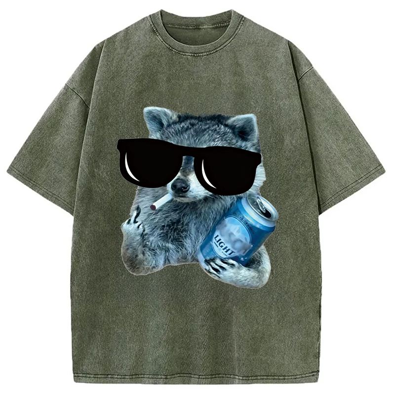 Modecanvas Raccoon Drinking Beer DTG Printing Washed T-Shirt
