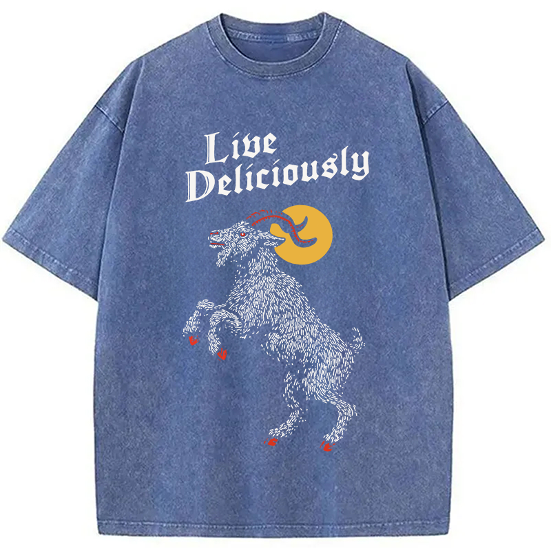 Modecanvas Black Philip Live Deliciously DTG Printing Washed T-Shirt