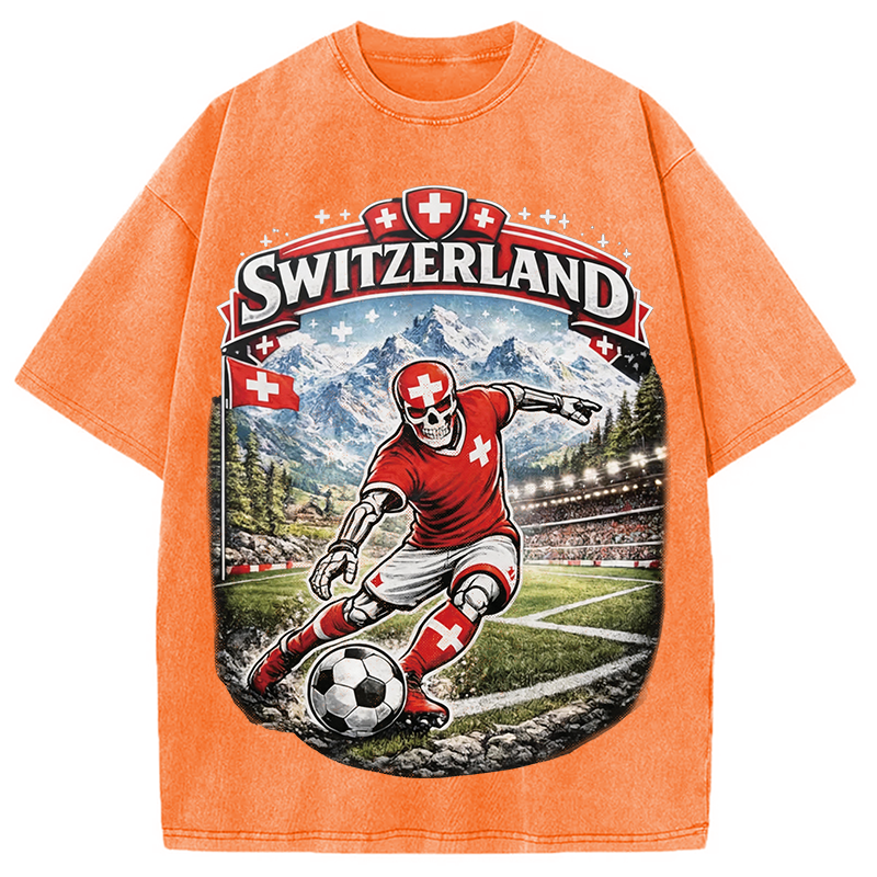 Modecanvas Switzerland Soccer Skull DTG Printing Washed T-Shirt
