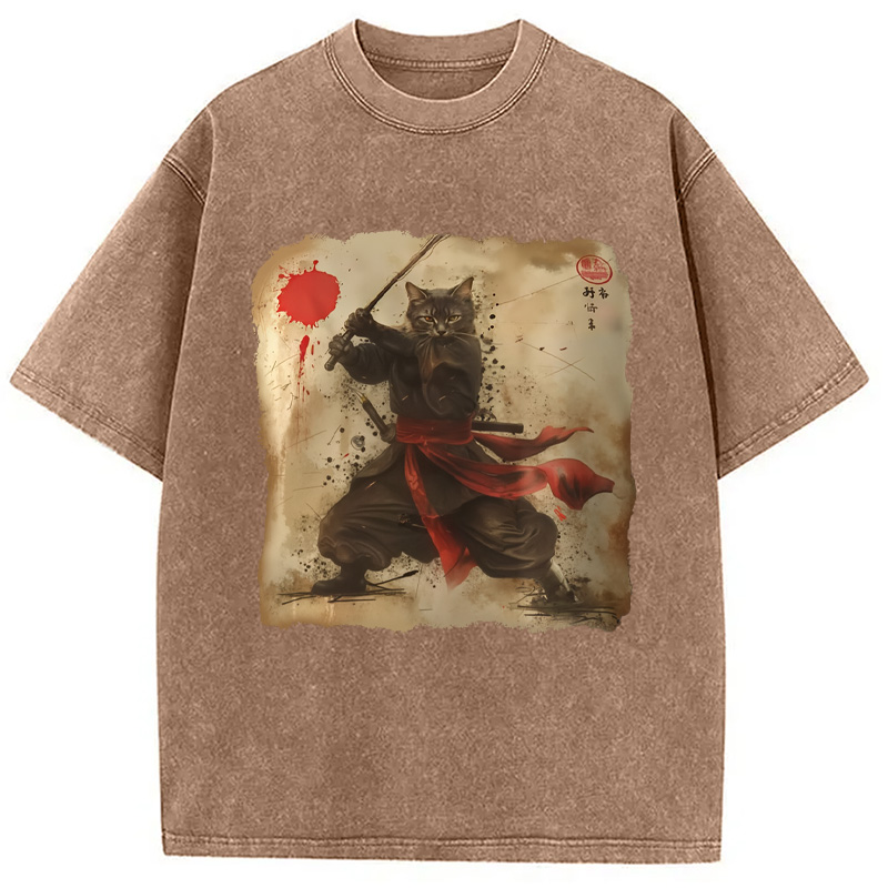 Modecanvas Vintage Samurai Cat Washed T-Shirt