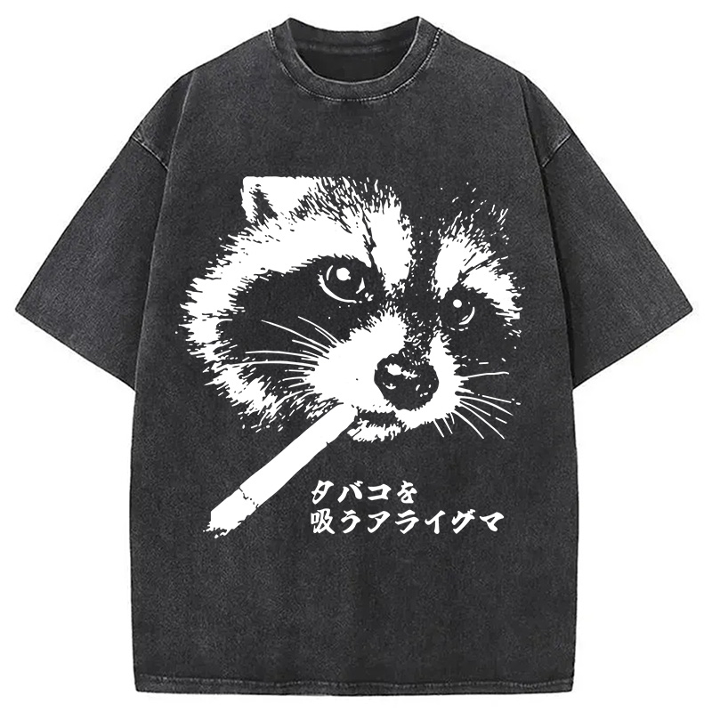 Modecanvas Somking Raccoon DTG Printing Washed T-Shirt-modecanvas