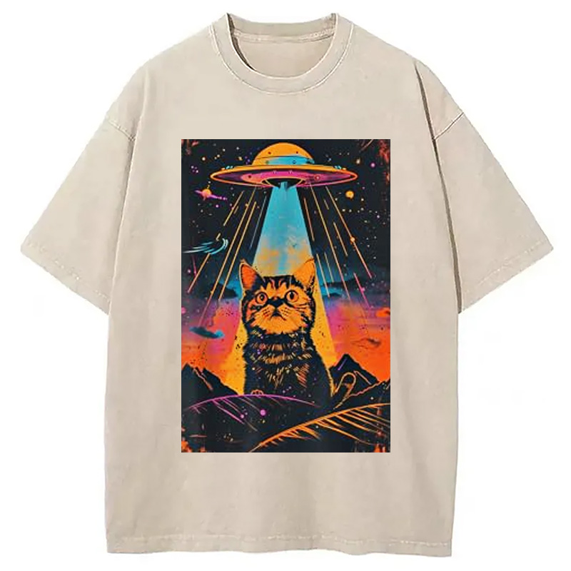 Modecanvas Catzilla Vintage Funny Cute Cat Washed T-Shirt-modecanvas