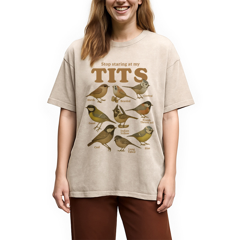 Modecanvas Stop Staring At My Tits Meme Bird Washed T-Shirt