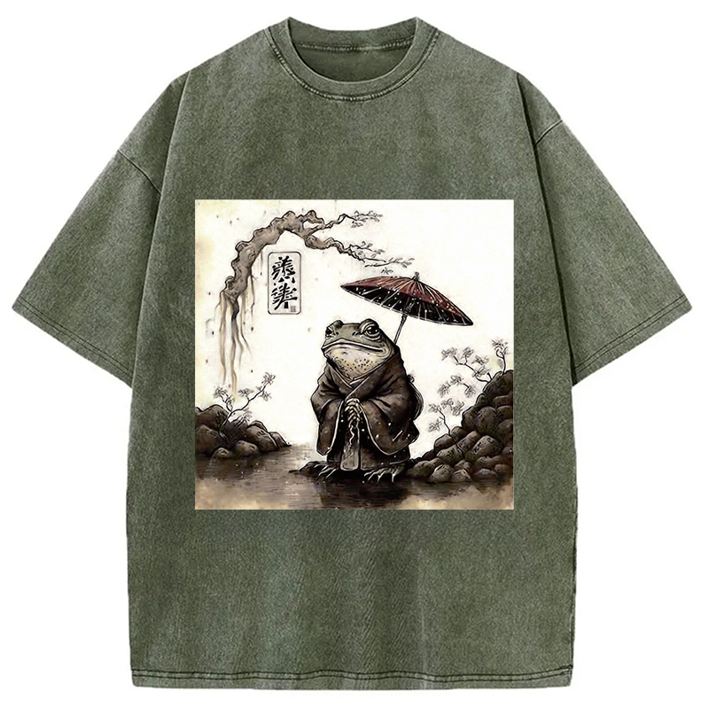 Modecanvas Rainy Day Frog DTG Printing Washed T-Shirt-modecanvas
