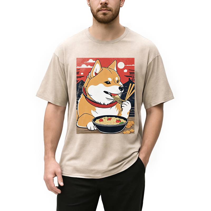 Modecanvas Cute Shiba Inu Dog Eating Ramen DTG Printing Washed T-Shirt