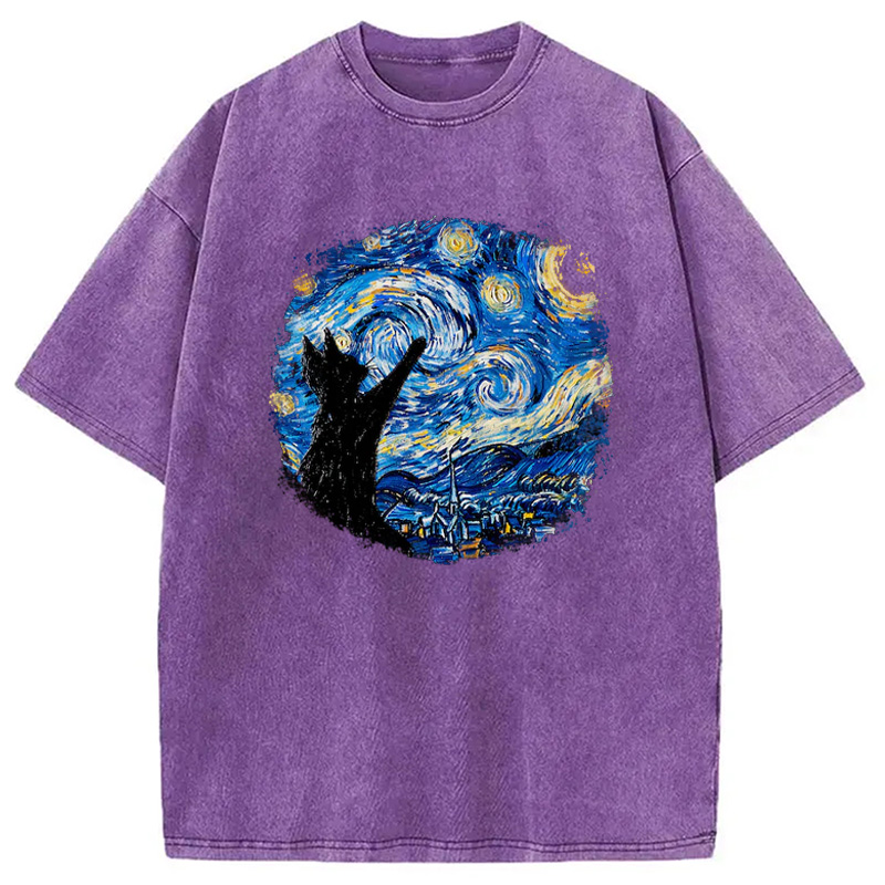 Modecanvas Starry Night Cat Washed T-Shirt