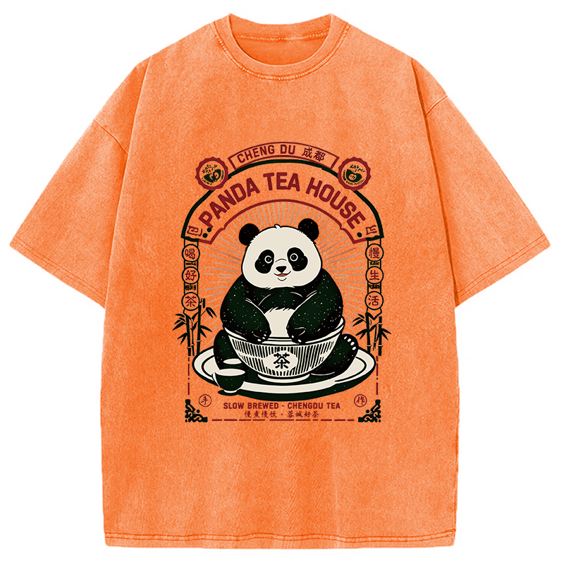 Modecanvas Panda Tea House DTG Printing Washed T-Shirt