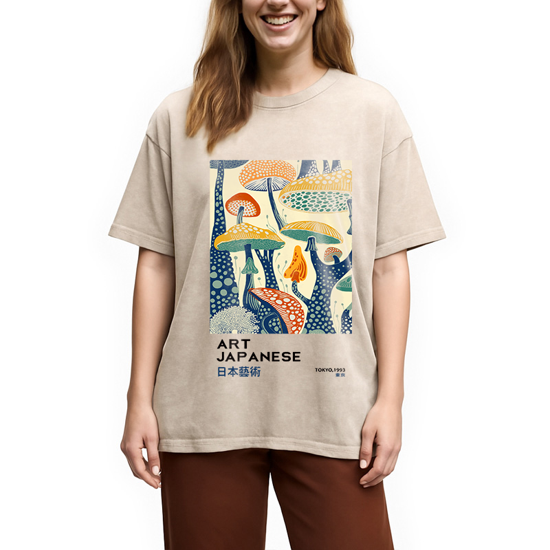 Modecanvas Dancing Mushroom Japanese Art Washed T-Shirt