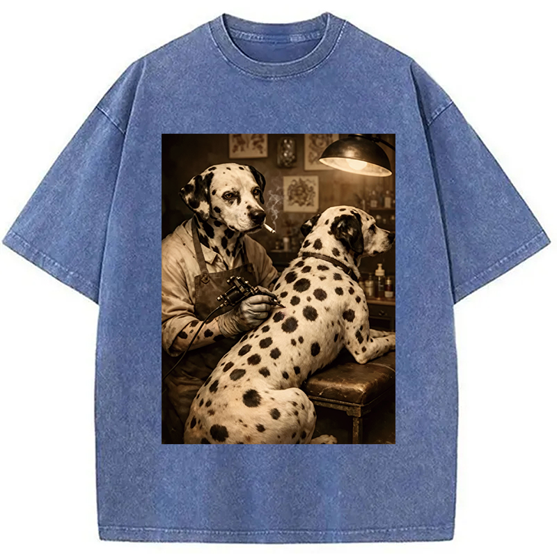 Modecanvas Funny Dalmatian Tattoo Dog DTG Printing Washed T-Shirt
