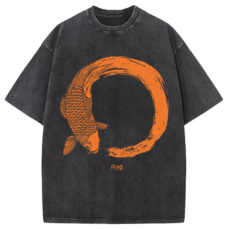 Modecanvas Orange Koi Fish Circle DTG Printing Washed T-Shirt