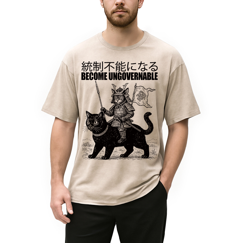 Modecanvas Become Ungovernable Japanese Funny Cat Samurai Riding A Cat DTG Printing Washed T-Shirt-modecanvas