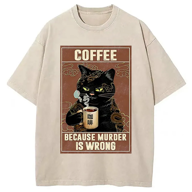 Modecanvas Cat Drinking Coffee Washed T-Shirt