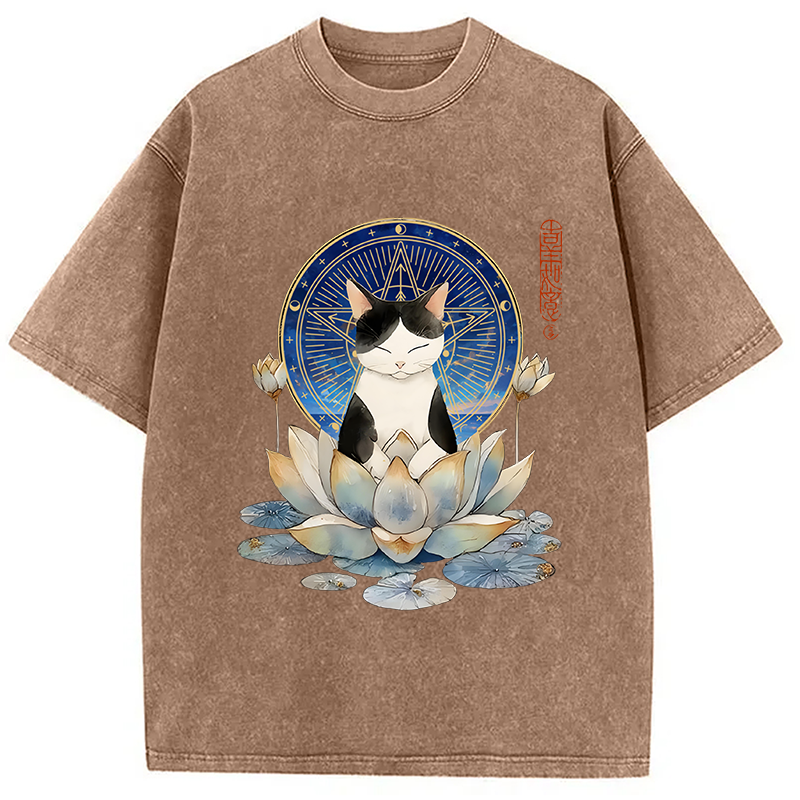Modecanvas Funny Cat Lotus Zen Auspiciousness Washed T-Shirt