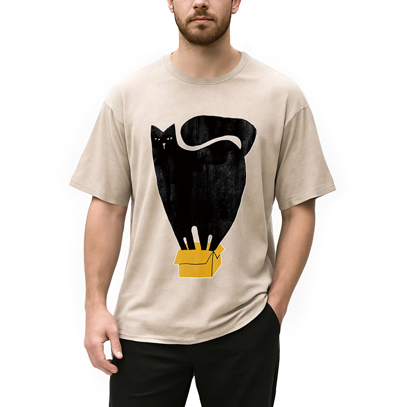 Modecanvas Cat and Box DTG Printing Washed T-Shirt