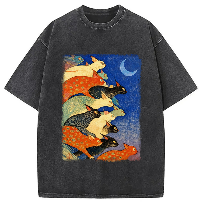 Modecanvas Colorful Flowing Cats Washed T-Shirt