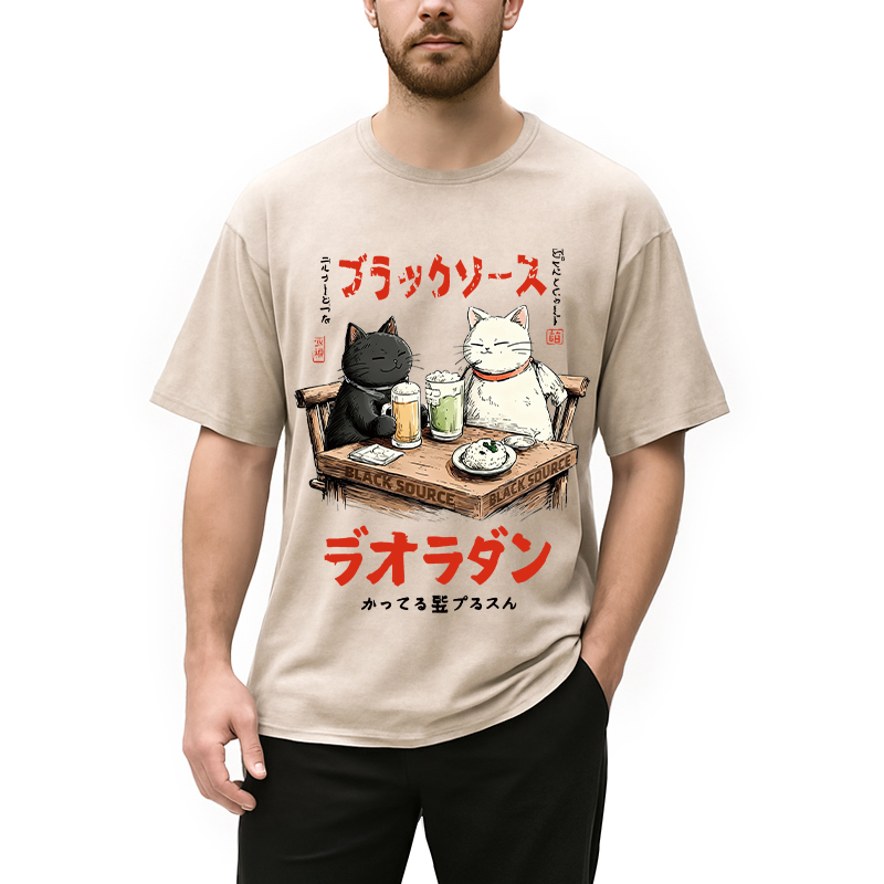Modecanvas Funny Drinking Cat DTG Printing Washed T-Shirt