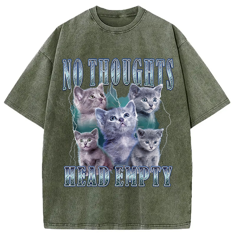 Modecanvas No Toughts Head Empty Funny Cat Meme DTG Printing Washed T-Shirt