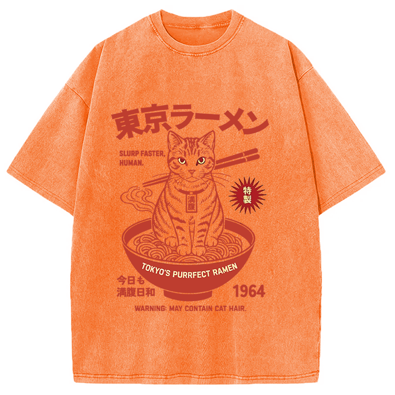 Modecanvas Tokyo Ramen Cat DTG Printing Washed T-Shirt-modecanvas
