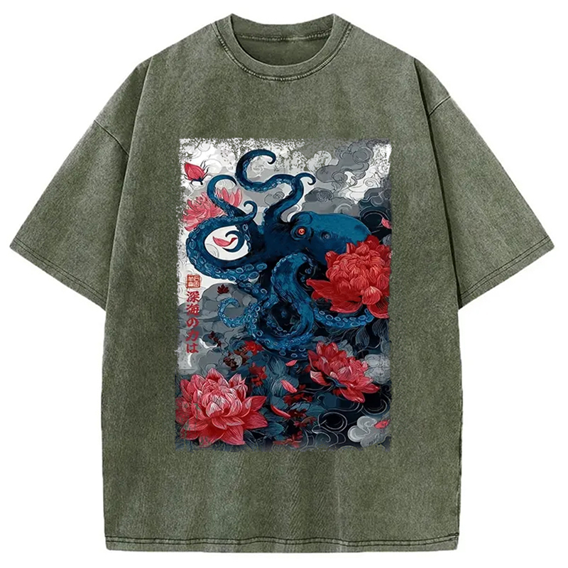 Modecanvas Deep Sea Retro Octopus Washed T-Shirt
