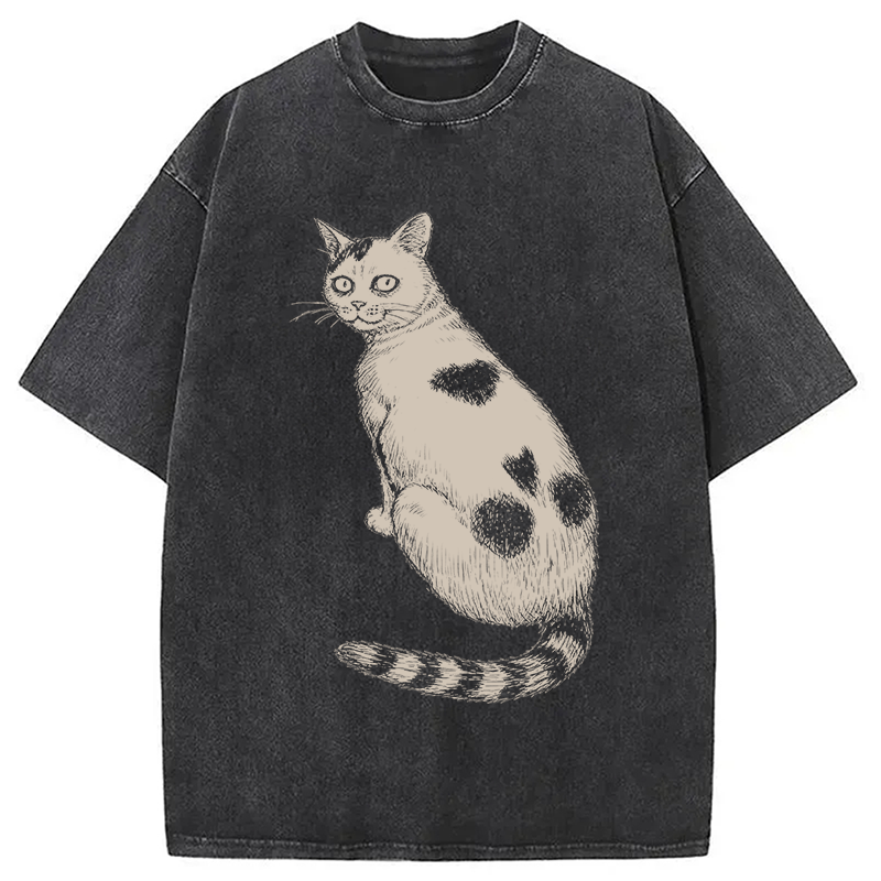 Modecanvas Horror Cat DTG Printing Washed T-Shirt-modecanvas