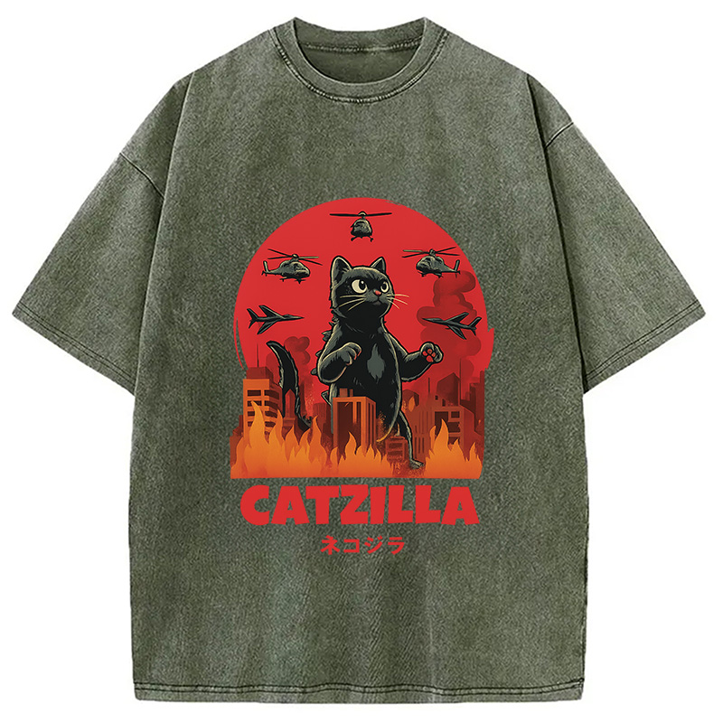 Modecanvas Catzilla Cat Japanese Vintage Washed T-Shirt