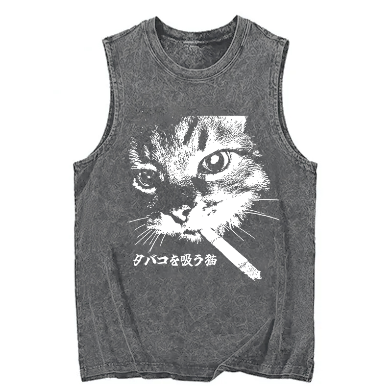 Modecanvas Retro Cat Smoking DTG Printing Washed Tank-modecanvas