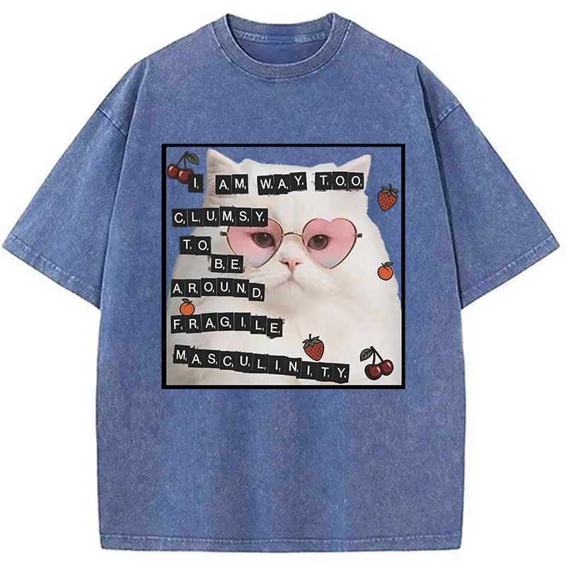 Modecanvas Funny Cat Fragile Masculinity DTG Printing Washed T-Shirt