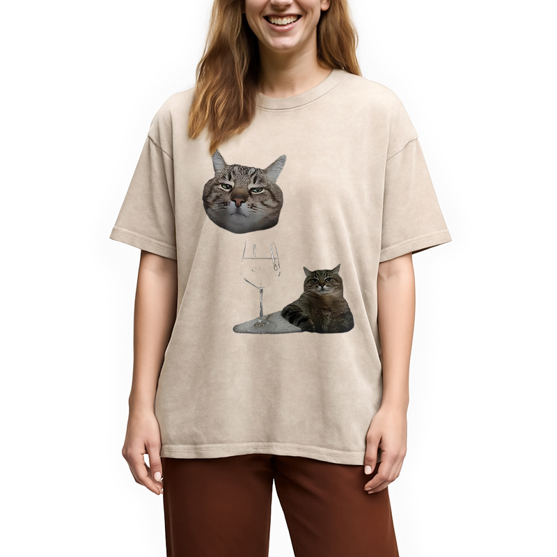 Modecanvas Funny Cat And Wine Art Cats Drinking Washed T-Shirt