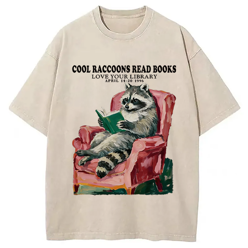Modecanvas Cool Raccoon Reads DTG Printing Washed T-Shirt-modecanvas
